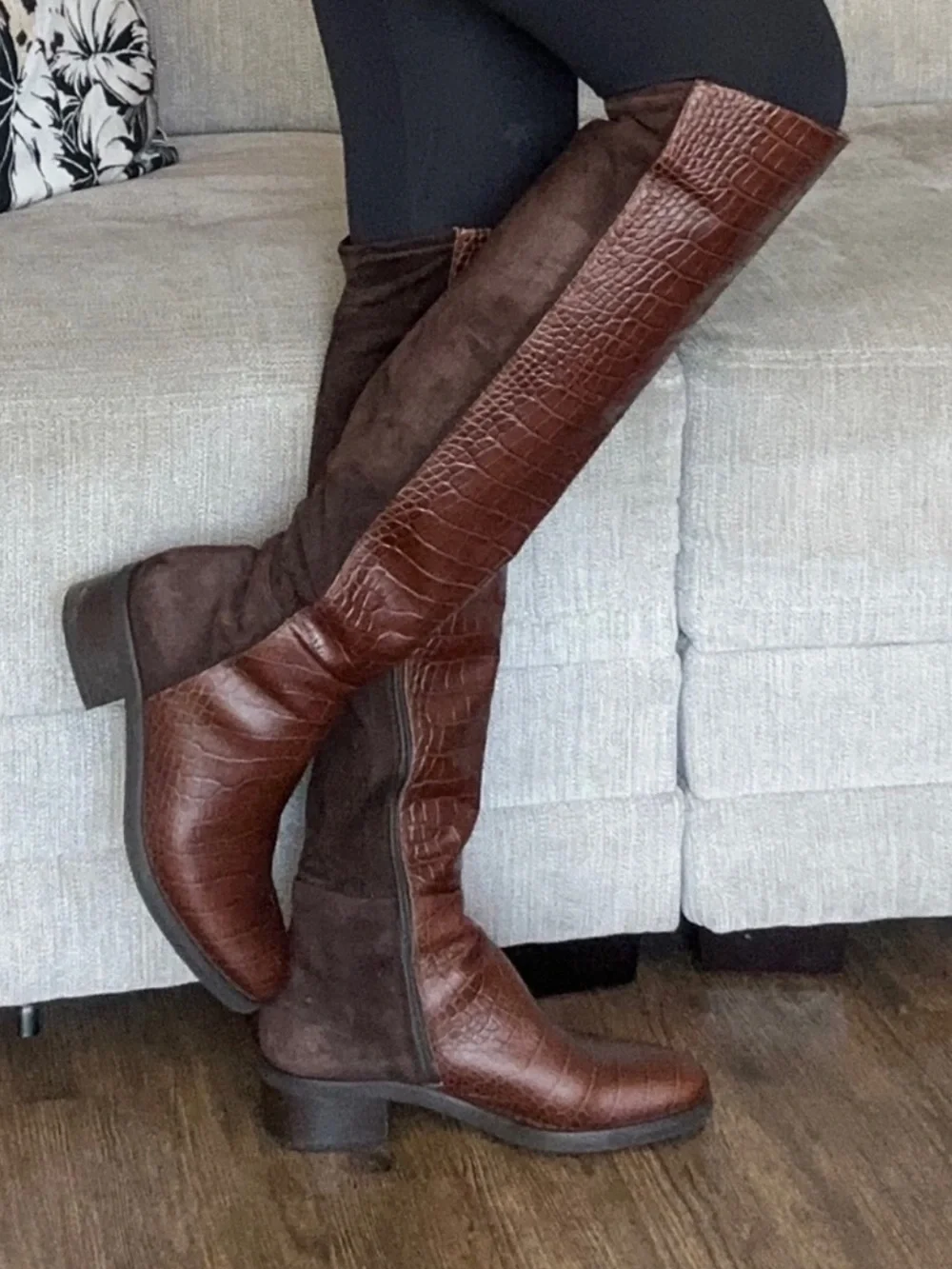 Le Pepe Brown Over-the-Knee Croc-Embossed Boots Italy Alligator print 9 $550